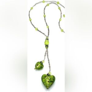 Murano Sommerso Art Glass Green Double Puffed Heart Lariat Tassel Beaded